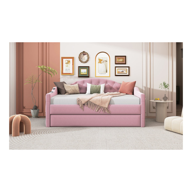 Twin Size Tufted Upholstered Daybed with Trundle ,Velvet Sofabed with USB&Type-C Charging Ports,No Box-spring Needed, Pink
