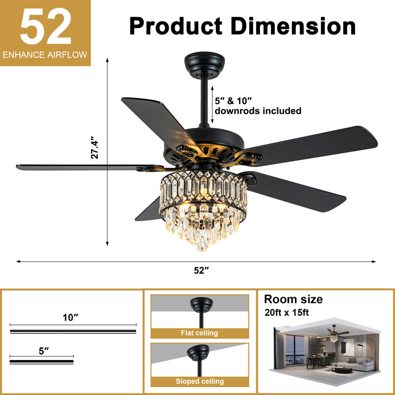 Ventilateur de plafond de 52 pouces en cristal avec ensemble d'éclairage et télécommande, ventilateur de plafond moderne à moteur à courant continu réversible à 6 vitesses