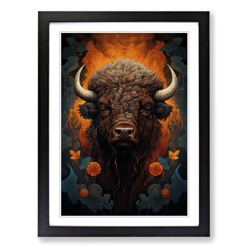 Bison Symbolism Art - Framed Print, 34cm H x 25cm W x 2cm D, Black Framed