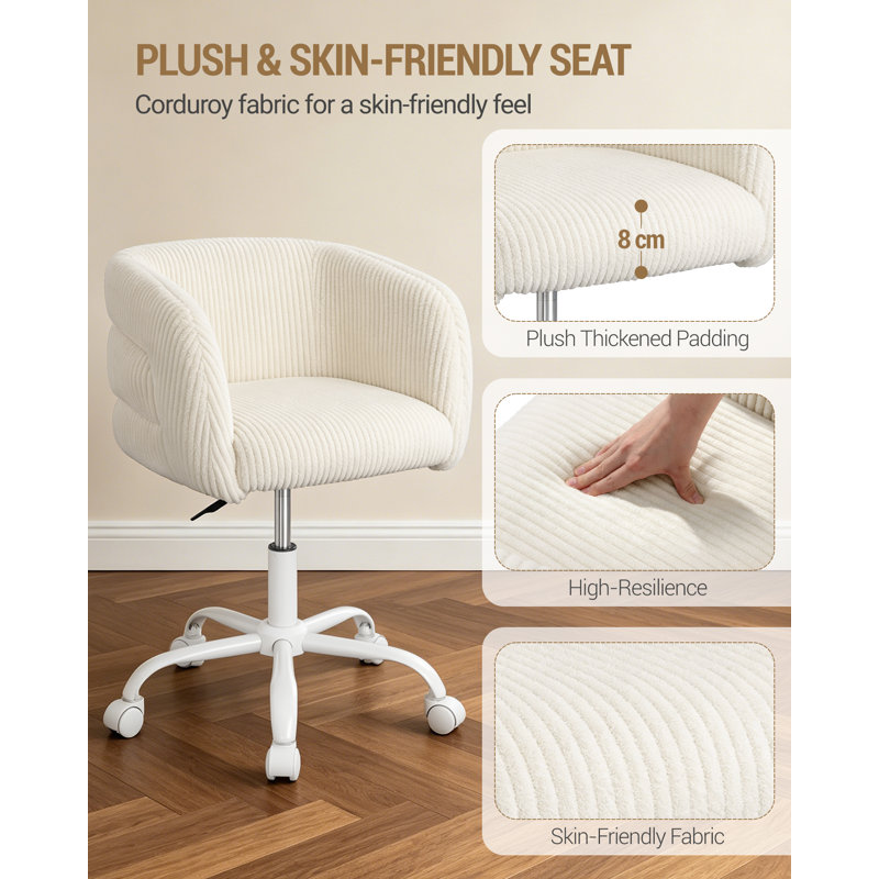 Dressing Table Chair with Wheels, 360° Swivel Vanity Desk Chair with Backrest, Height Adjustable, Foam Padded Vanity Stool for Dressing Table, Bedroom, Office