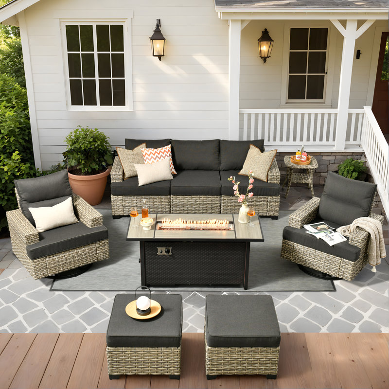 7- Person Rattan Outdoor Seating Group With Swivel Rockers and Fire Pit Table, Black