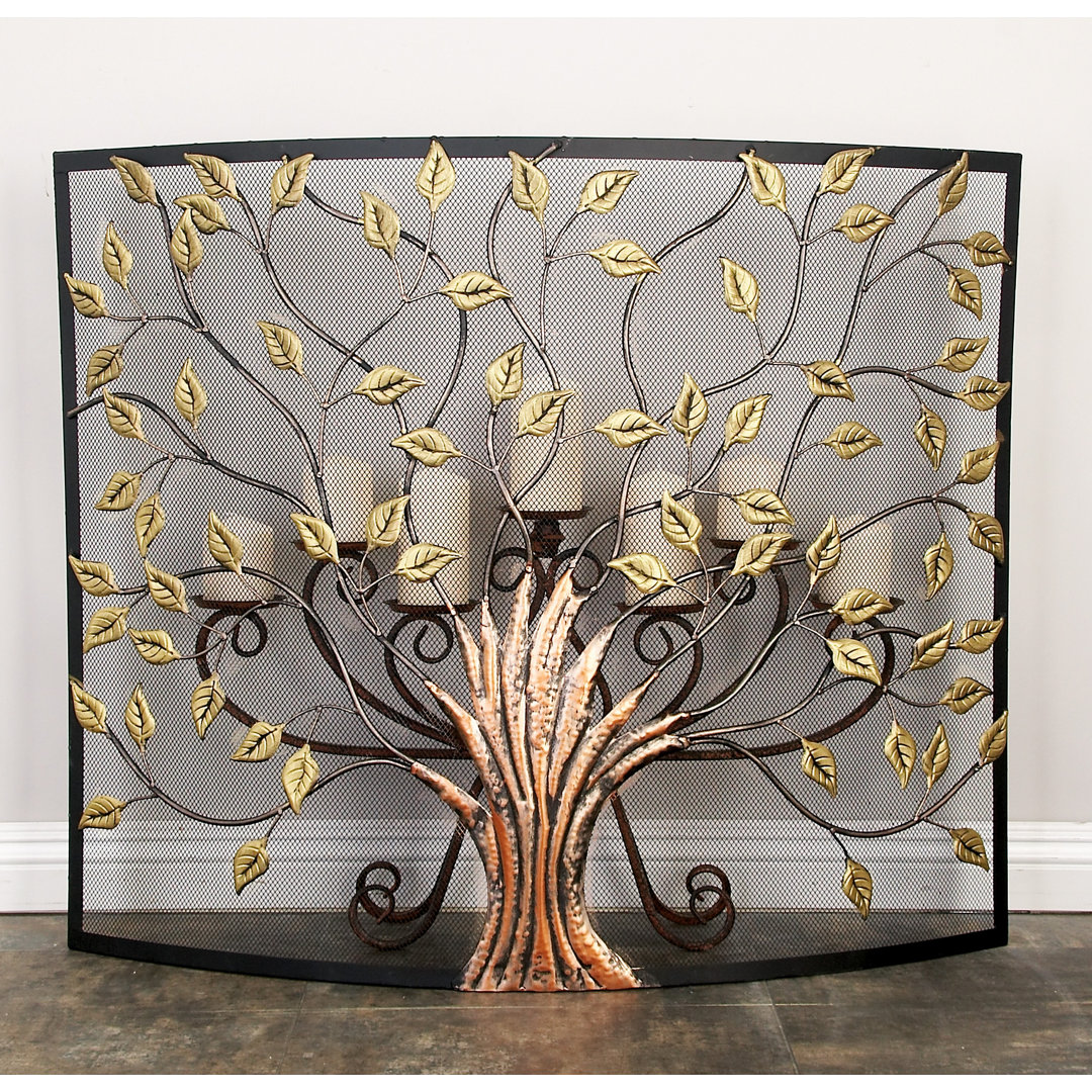 Aashay Bronze Metal Sculpted Relief Single Panel Tree Fireplace Screen with Curved Mesh Netting Winston Porter