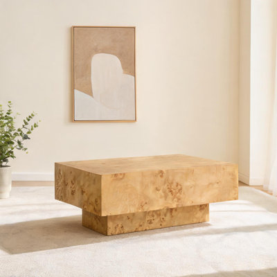 Table basse rectangulaire en placage de bois massif avec base piédestal robuste, ton naturel, 43,31 pouces