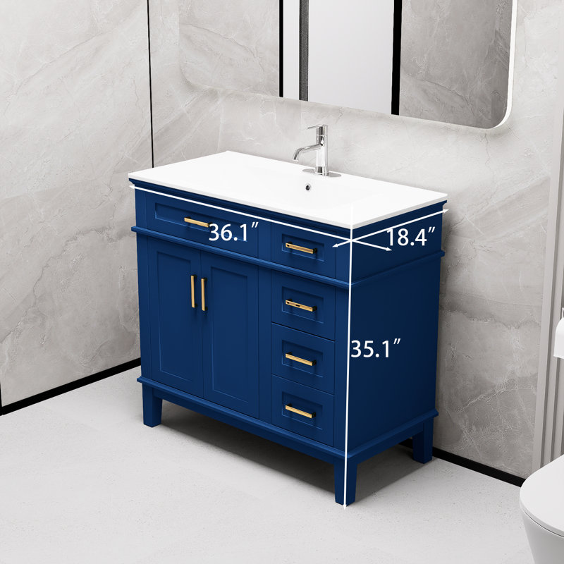 Meuble-lavabo moderne 36 po avec lavabo en céramique, portes à fermeture douce, 4 tiroirs de rangement, Bleu