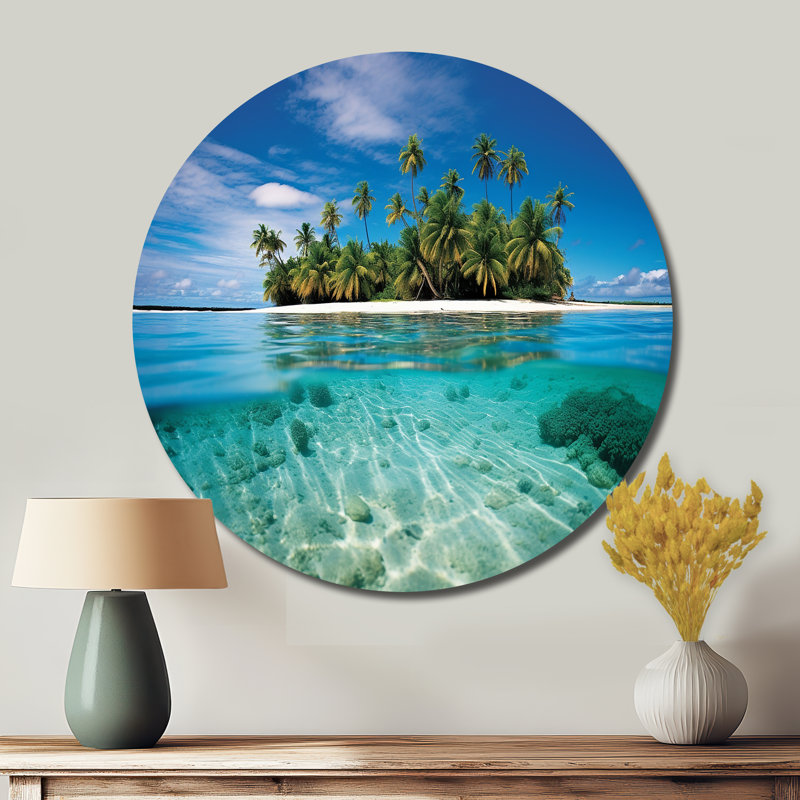 Photo de plage, évasion tropicale V - bord de mer, art en métal rond, H 16 po x l 16 po x P 1 po