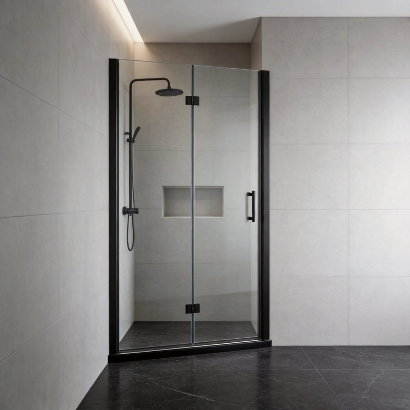 Porte de douche pliante sans cadre de 76 cm (L) x 183 cm (H) avec quincaillerie noire mate, verre trempé de 6 mm, adaptable à la salle de bain