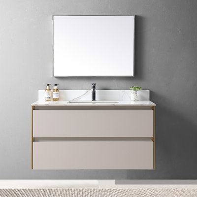 Plateau de meuble-lavabo en pierre frittée dorée 43 x 22 avec lavabo en céramique et dosseret en céramique 43 po x 22 po