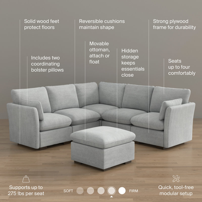 Modular 4-Seater Sectional With Storage Ottoman, Living Room Furniture, 36.6" H x 99.4" W x 99" D, Dove Gray Polyester