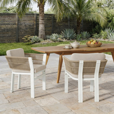 Ensemble de 2 chaises de salle à manger d'extérieur, structure en aluminium blanc avec coussin beige, capacité de 300 lb, sièges de patio toutes saisons pour la cour, la terrasse et le jardin