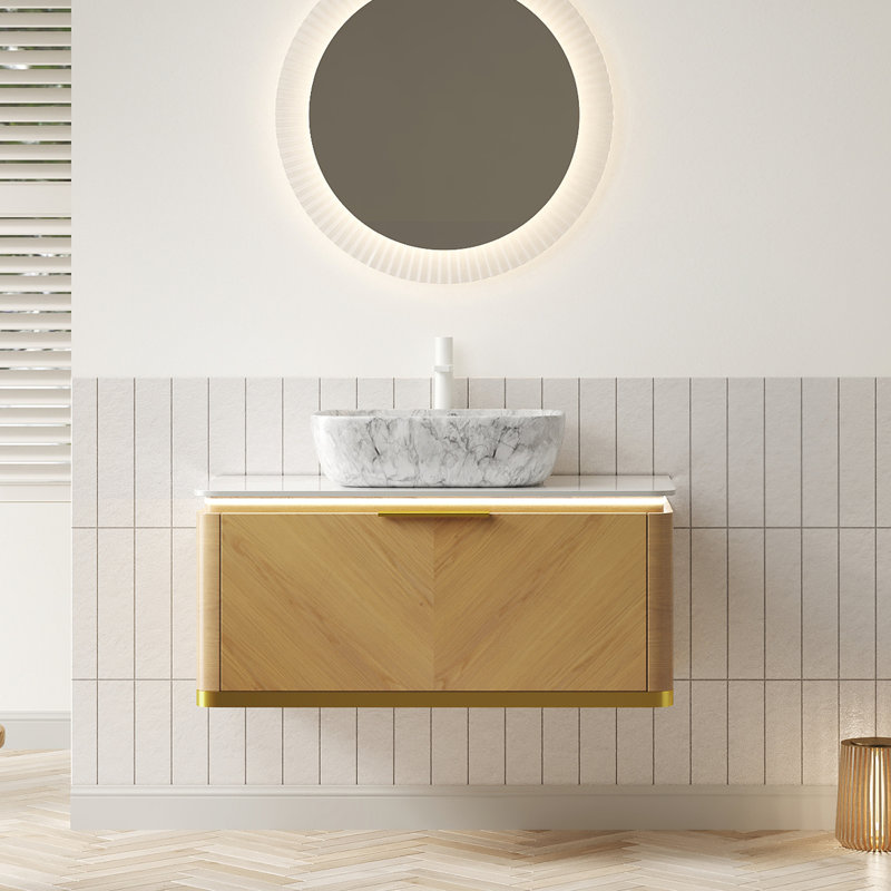 Absher 36'' Floating Oak Bathroom Vanity With Rectangular Marble Sink, Sensor LED & Drawer, Espresso Woodgrain
