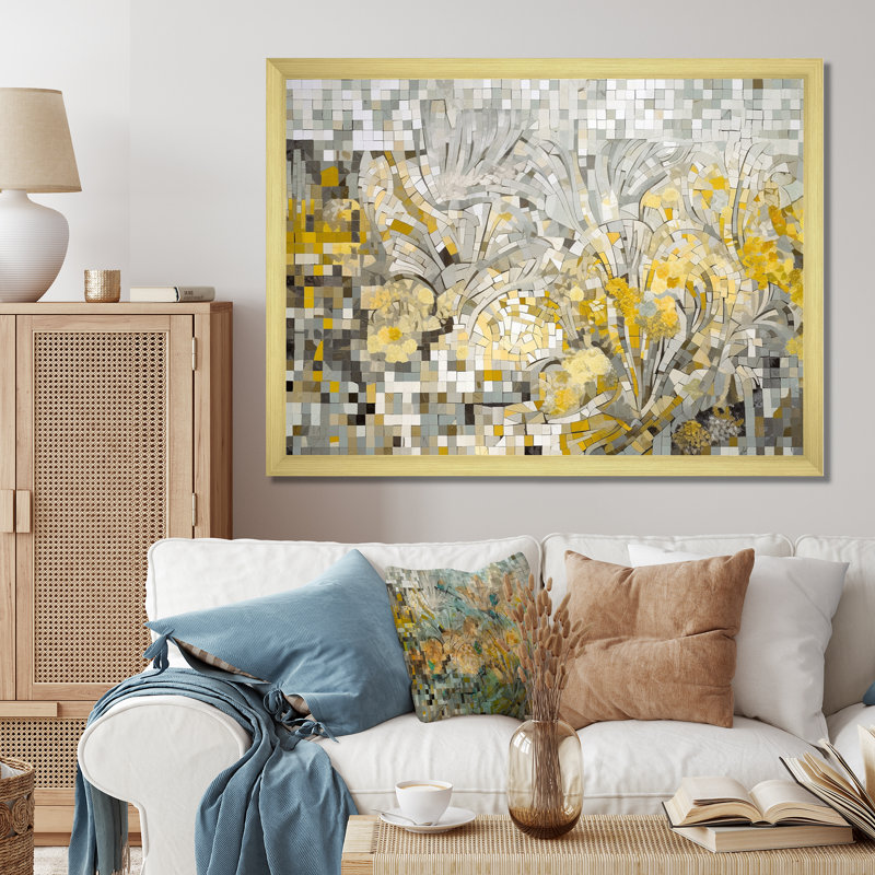 Kameia jaune et crème Bohemian Medley I - art mural mosaïque bohème, H 12 po x l 20 po x P 1 po, Cadre flottant érable