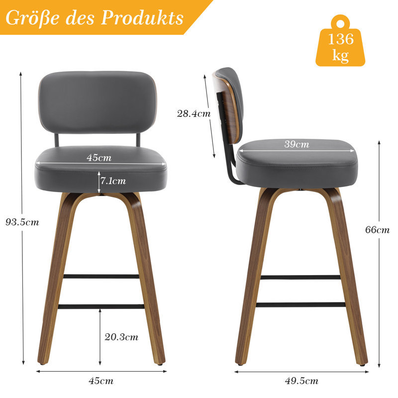 Swivel Bar Stools & Counter Stools Walnut Bentwood & Faux Leather, 2, Grey