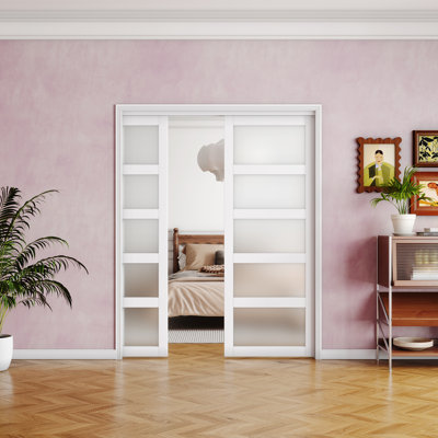 Sliding Pocket Door - 5 Lites Tempered Frosted Glass Panel Sliding Interior Closet Door with Hardware Kit