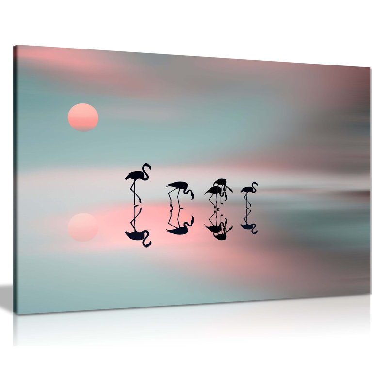 Panther Print Fine Art Prints Pink & Blue Flamingo Silhouette Reflection Artistic Framed Canvas Prints, Pictures For Home Walls, Bedroom, Living Room & Bathroom Decor - Wrapped Canvas Art Prints