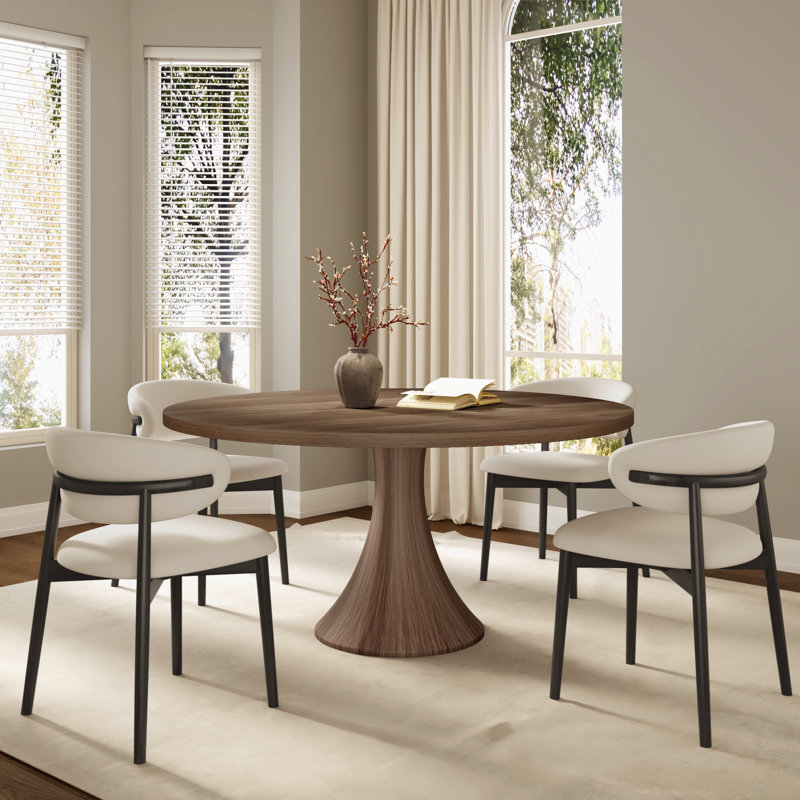 Ensemble de table de salle à manger à piédestal rond en bois massif avec chaises en bois massif rembourrées