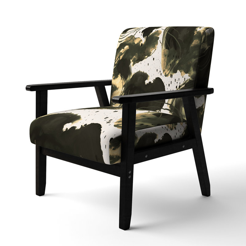 Fauteuil rembourré en velours moderne à motif abstrait avec textures bleues et dorées II, Noir / crème / vert / blanc, Noir