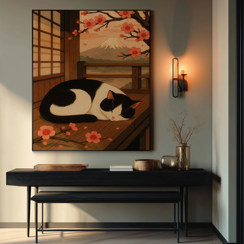 Très grande reproduction d'art sur toile - Chat dormant sur un porche avec des fleurs de cerisier et une œuvre d'art vue sur la montagne pour le salon ou la chambre à coucher - «Assemblage requis du cadre (cadre non fini)»