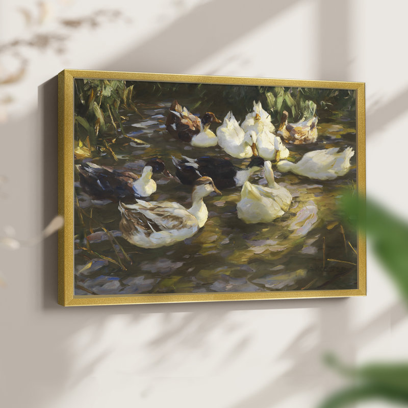 White Ducks in the Pond - Imprimé encadré - Restickable, H 8 po x l 10 po, Doré