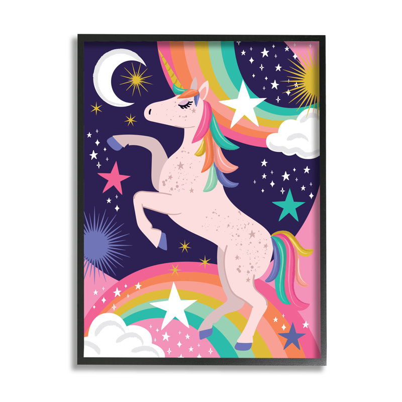«Magical Space Unicorn Dancing Rainbows Starry Sky» par Lisa Perry White boutons - Impression sur toile, H 14 po x l 11 po