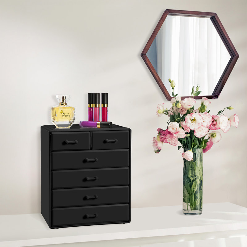 Makeup Vanity & Jewelry Organizer Case, Large, 6 Drawer, Black, Black