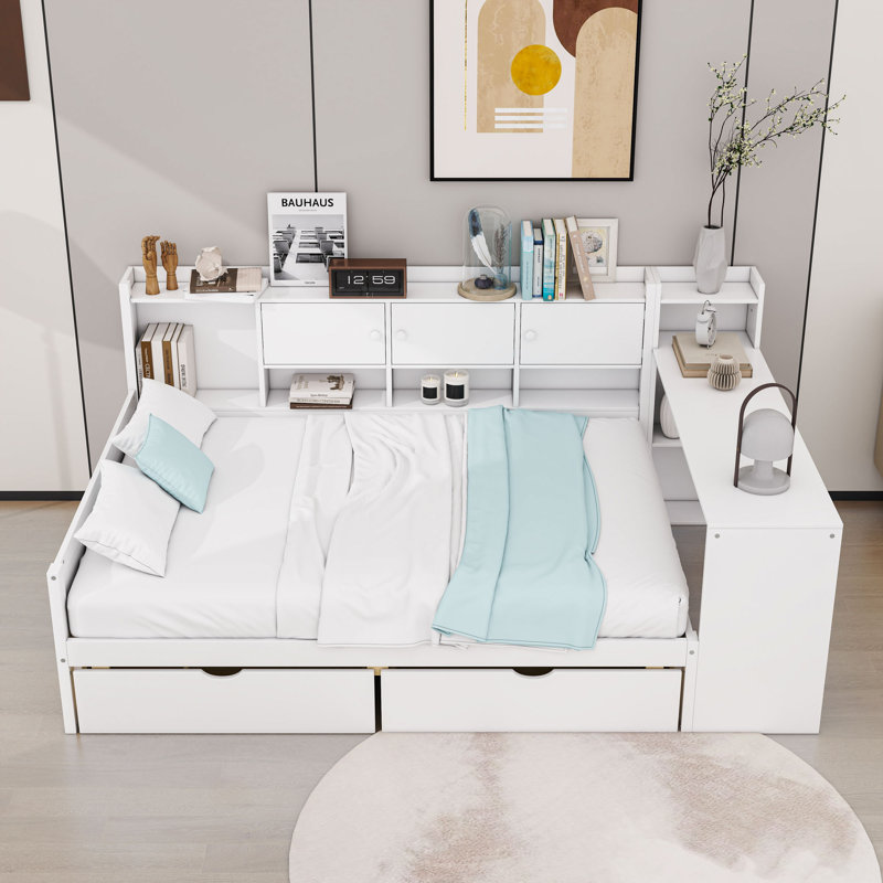 2 Drawers Wood Daybed with Built-in-Desk and Bookcase, Full, White
