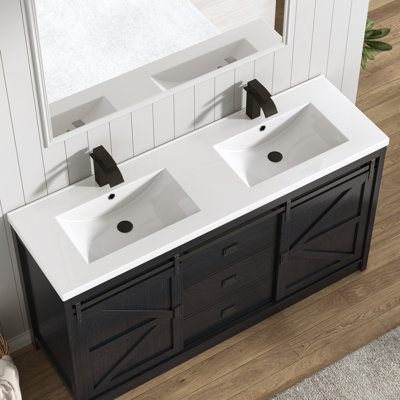 Meuble-lavabo double 59 po avec lavabo, robinet, ensemble de drain, tiroirs et portes de grange coulissantes 59 po