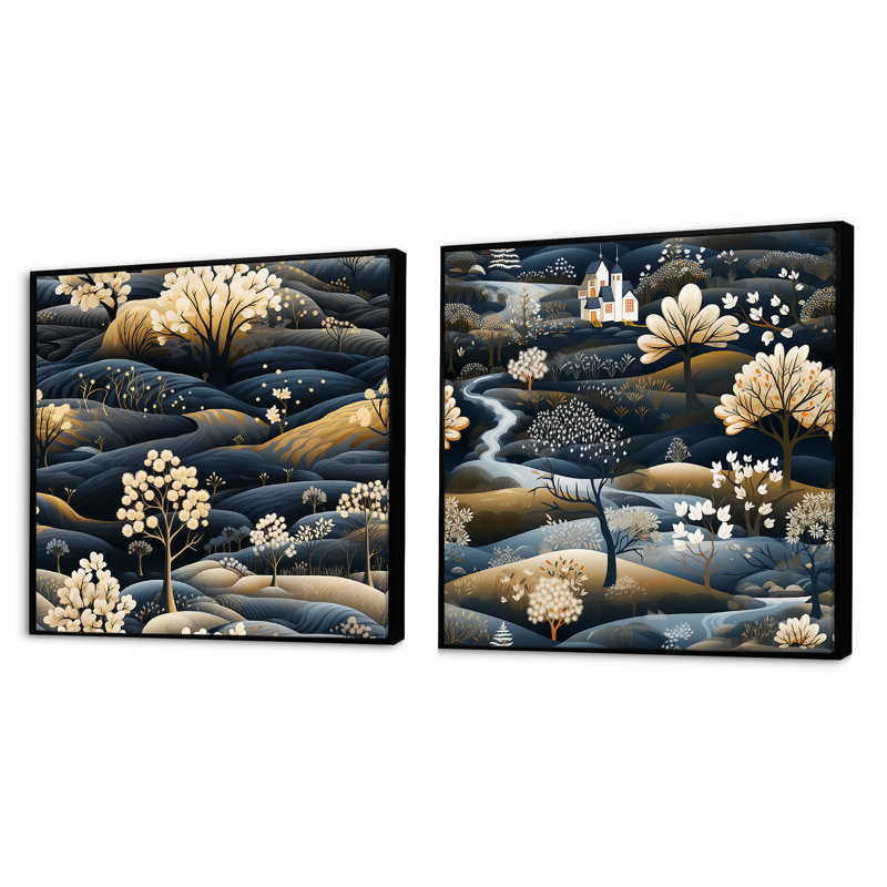 Hamdi - Ensemble de 2 collage paysage carré, Cadre flottant noir, H 16 po x l 33 po