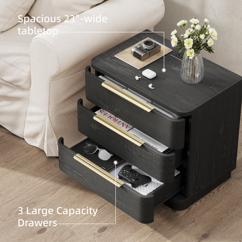 Modern Nightstand Set of 2 with Charging Station, 3 Drawer End Table with USB Ports & Power Outlets, Black, Black