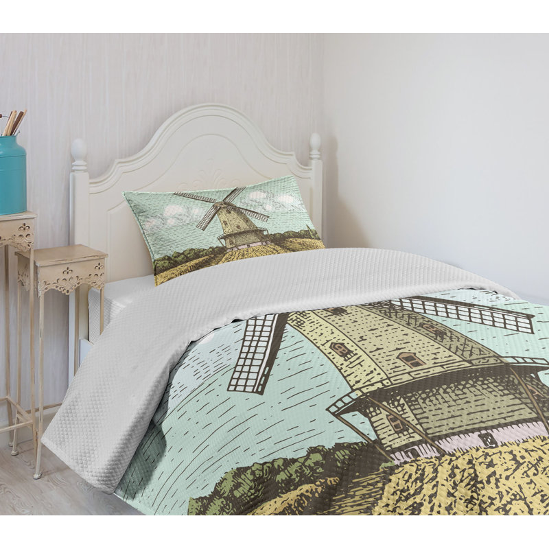 Twin White Quilted Bedspread Set with Windmill Print