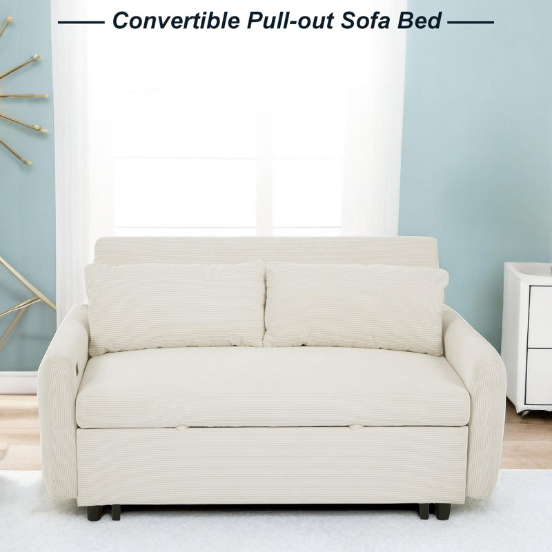 Isel 57'' Sofa Bed Sleeper Loveseat with USB Port and Two Pillows, Beige Corduroy