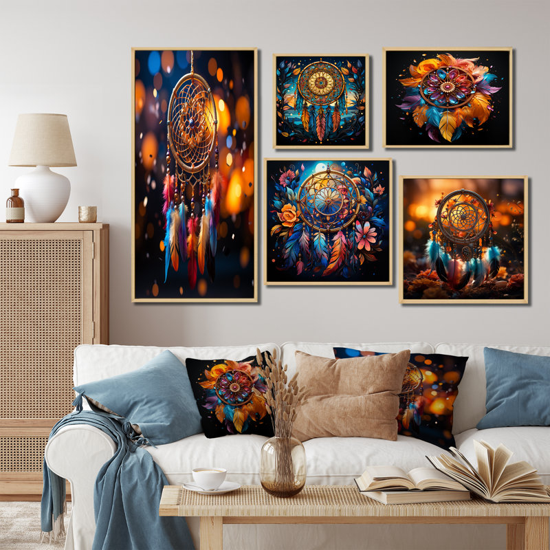Dreamcatchers Dance - Dream Catcher, ensemble de 5 reproductions d'art sur toile, Cadre flottant brun
