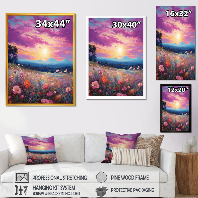 «Breathtake Sunset In Blossoming Flower Meadows», reproduction sur toile, H 32 po x l 24 po x P 1 po, Cadre simple blanc