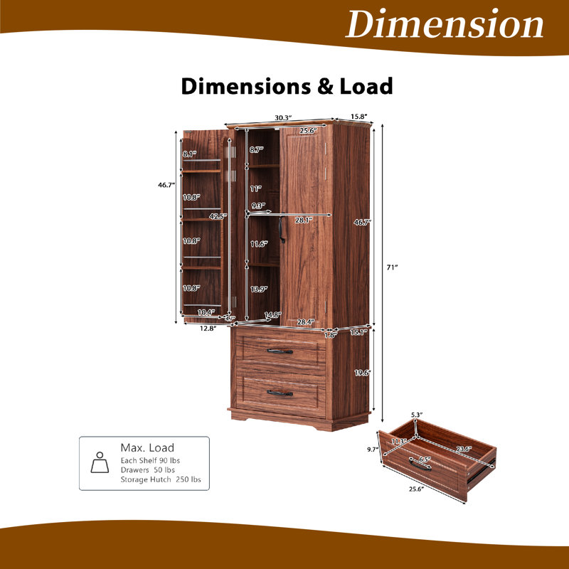71" Kitchen Pantry Cabinet with 8 Door Shelves & Anti-Tip Kit, Brown