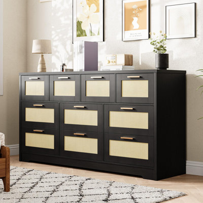 10-Drawer Dresser for Bedroom, 59.1" Wide Rattan Wood Chest, Metal Handles, Chest for Closet
