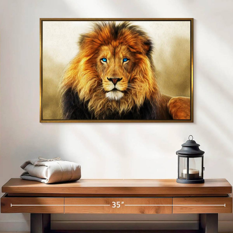 Lion aux yeux bleus, Cadre flottant doré, 25 po x 17 po