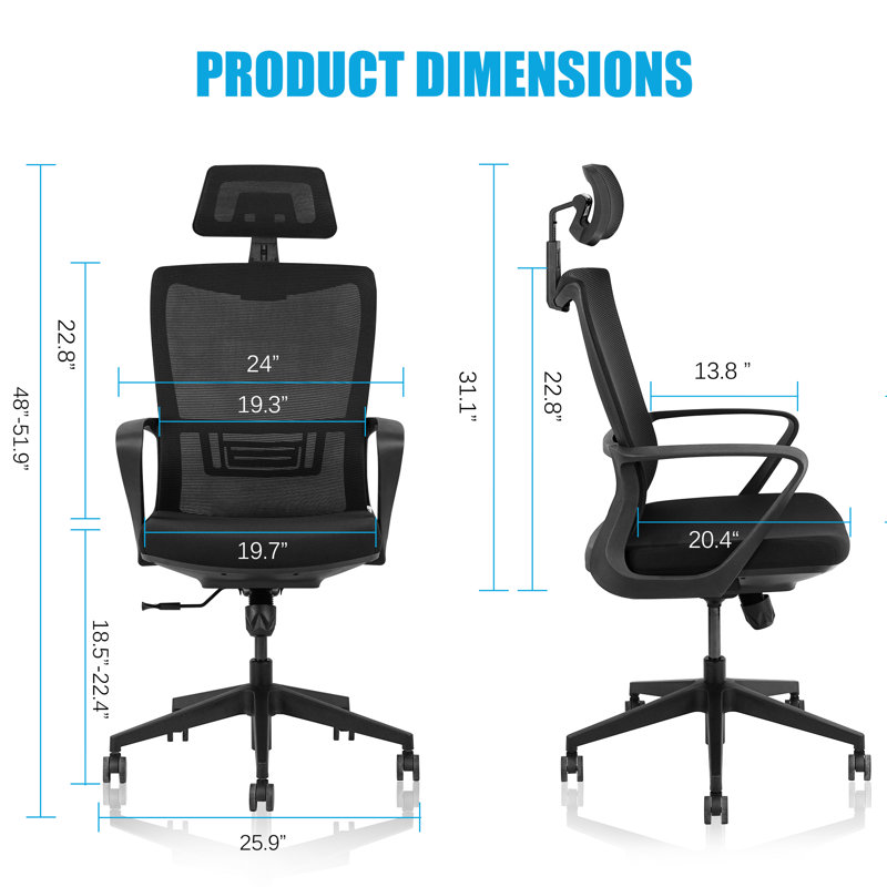 Chaise de bureau ergonomique réglable, chaise d'ordinateur avec hauteur de siège réglable et support lombaire.