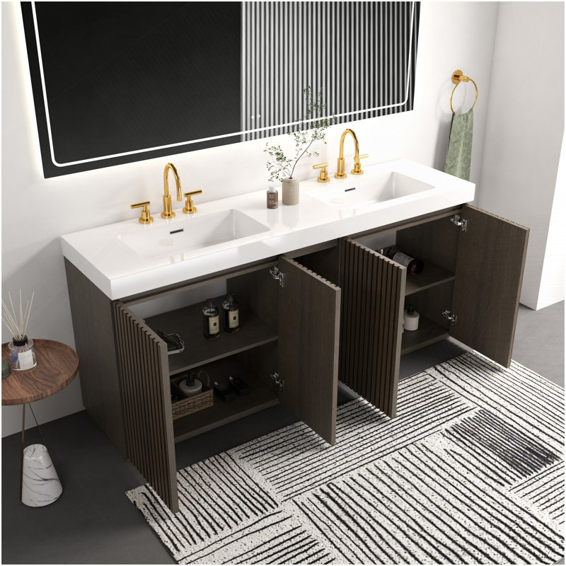 GALAN 72F" Smoked Oak Bathroom Vanity With Sink, Large Storage Freestanding Bathroom Vanity For Modern Bathroom, One-Piece White Quartz Sink Basin Without Drain And Faucet, LTL