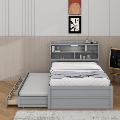 Full Size Wooden LED Platform Bed With Trundle And Drawers