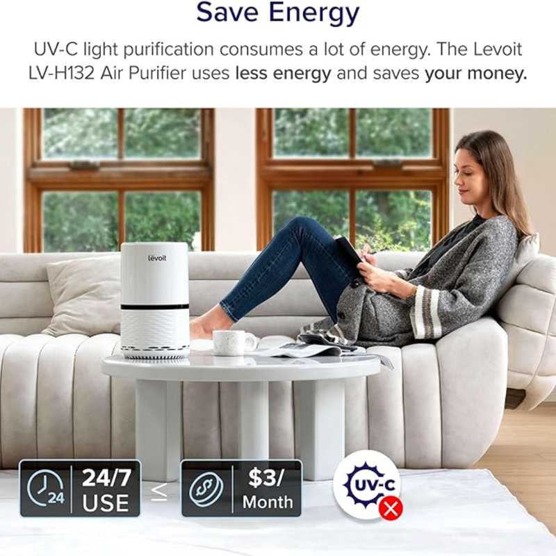 Purificateurs d'air LEVOIT pour la maison, filtre haute efficacité pour la fumée, la poussière et le pollen dans la chambre à coucher, système d'élimination des odeurs pour le bureau avec veilleuse optionnelle, paquet de 1 LV-H132, blanc