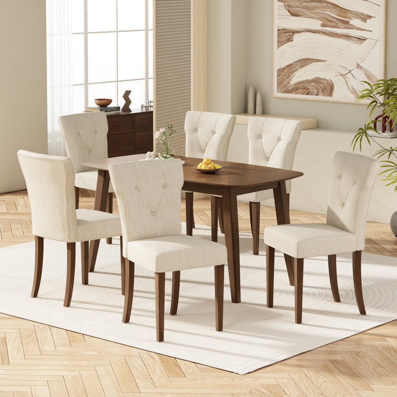 Ensemble de salle à manger d'intérieur en bois, ensemble de 6 chaises (crème) + table de salle à manger (noyer)