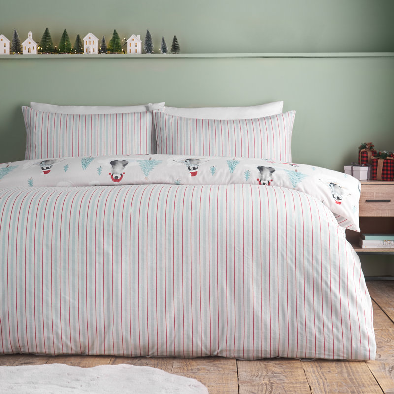 Brushed Christmas Penguins Cotton Reversible Duvet Cover Set, Single Bed (135 x 200 cm)