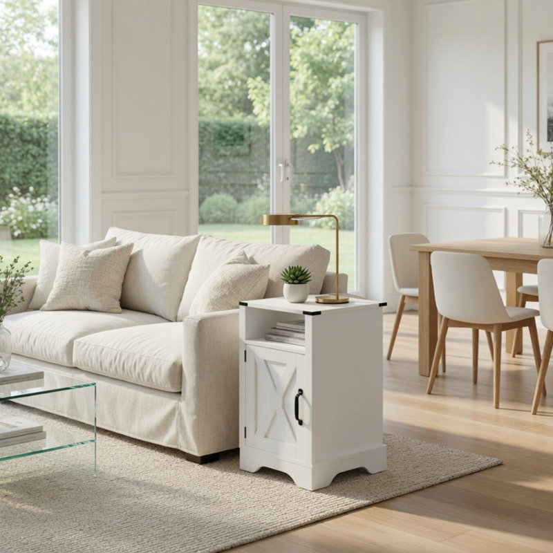 Table de chevet 16 po blanche avec station de charge, armoire de rangement à portes en X et table de bout à tablette ouverte