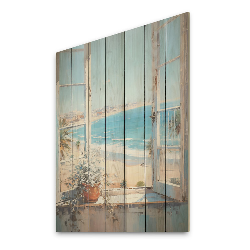 «California Shoreline Window View III - Fenêtres côtières sur bois», H 20 po x l 10 po