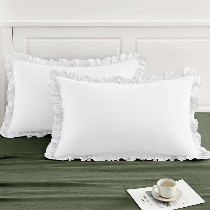 TOSMO 100% Linen Ruffle Pillowcase Queen Size, Set of 2, Stone-Washed Breathable Pillow Shams Envelope Closure, Soft and Durable Pillow Cases, 20" X 30", White