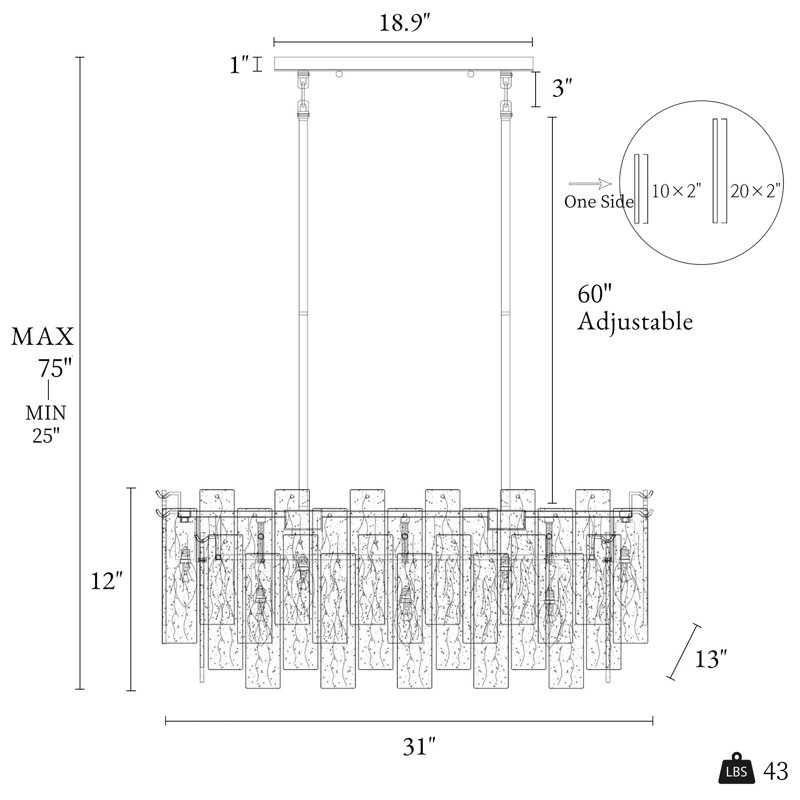 Kethe 7 - Light 31"W Dimmable Rectangle Chandelier