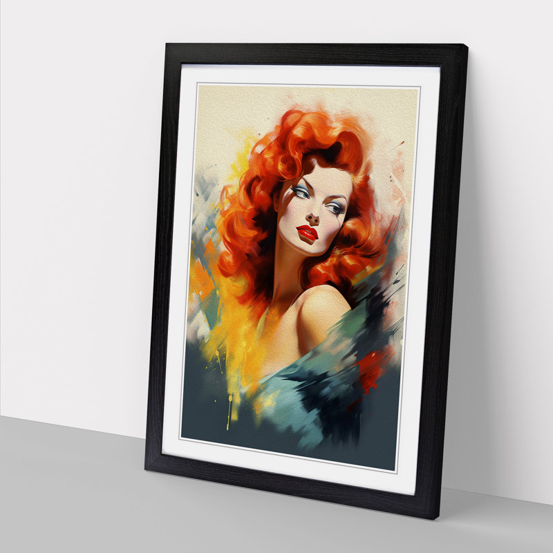Red Headed Woman Modern - Single Picture Frame Print on Wood, 64cm H x 46cm W x 2cm D, Black