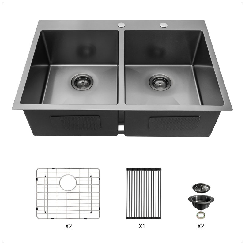 Évier de cuisine à double cuve à montage sur plan - Évier de cuisine à double cuve en bronze industriel noir de calibre 16 avec deux cuves profondes de 10 po x 22 po