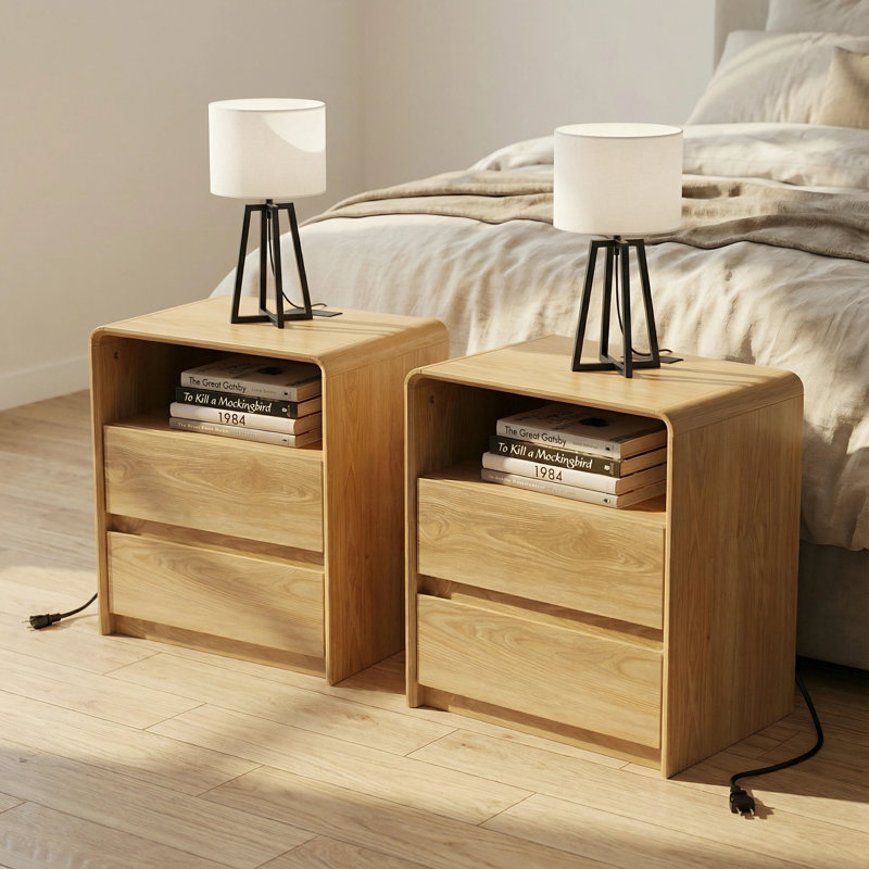 23.6"W Nightstand Set of 2 with Charging Station, 2 Drawers and Open Shelf, End Table for Bedroom, Living Room, Curved Profile, Oak Color