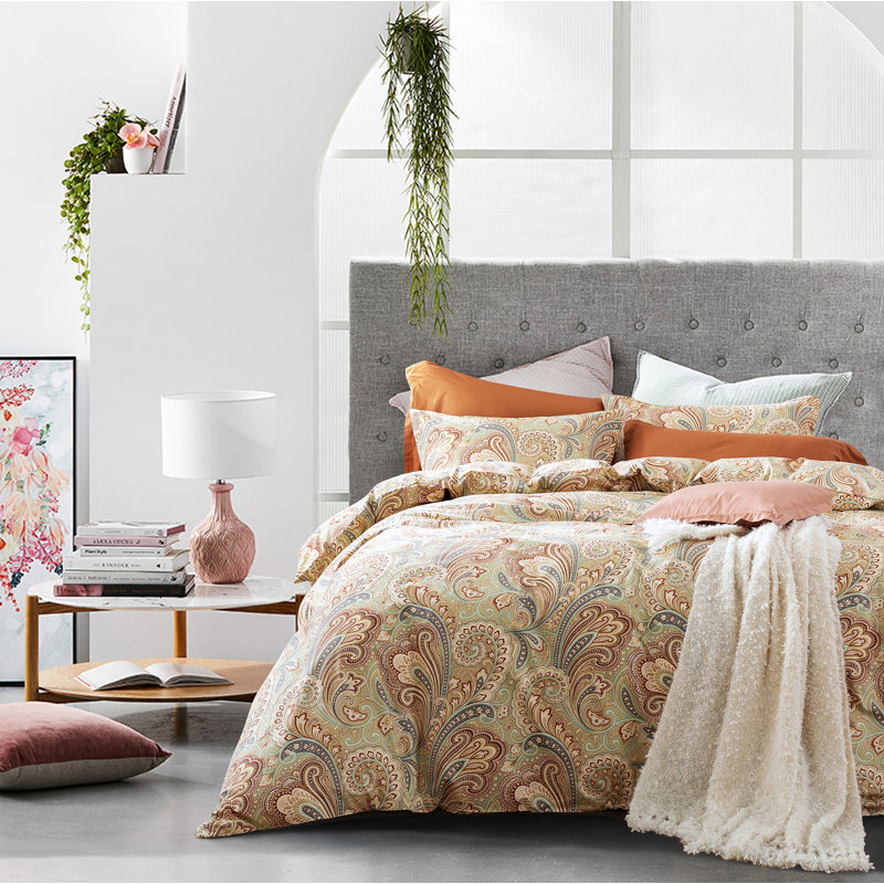 Boho Egyptian-Quality Cotton Sateen Paisley Duvet Cover, Queen Duvet Cover + 2 Standard Shams