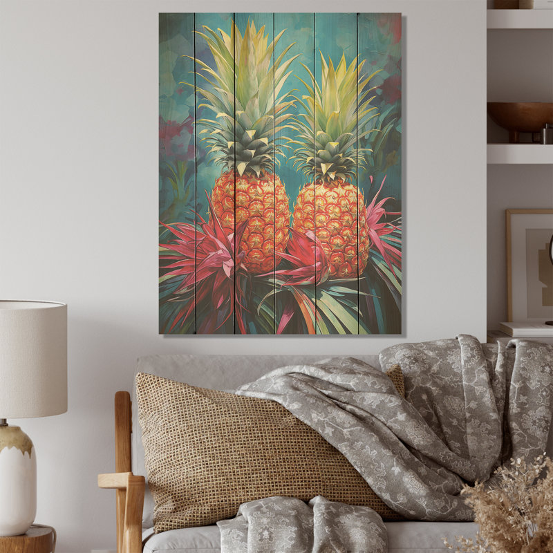 Ananas tropical, oasis - Pineapples, art sur bois de pin naturel, H 20 po x l 10 po